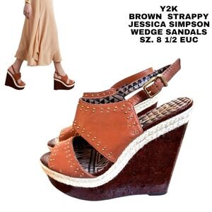 Y2K JESSICA SIMPSOM BROWN STUDDED CORK SUPER HIGH WEDGES SANDALS SIZE 8.5 EUC.